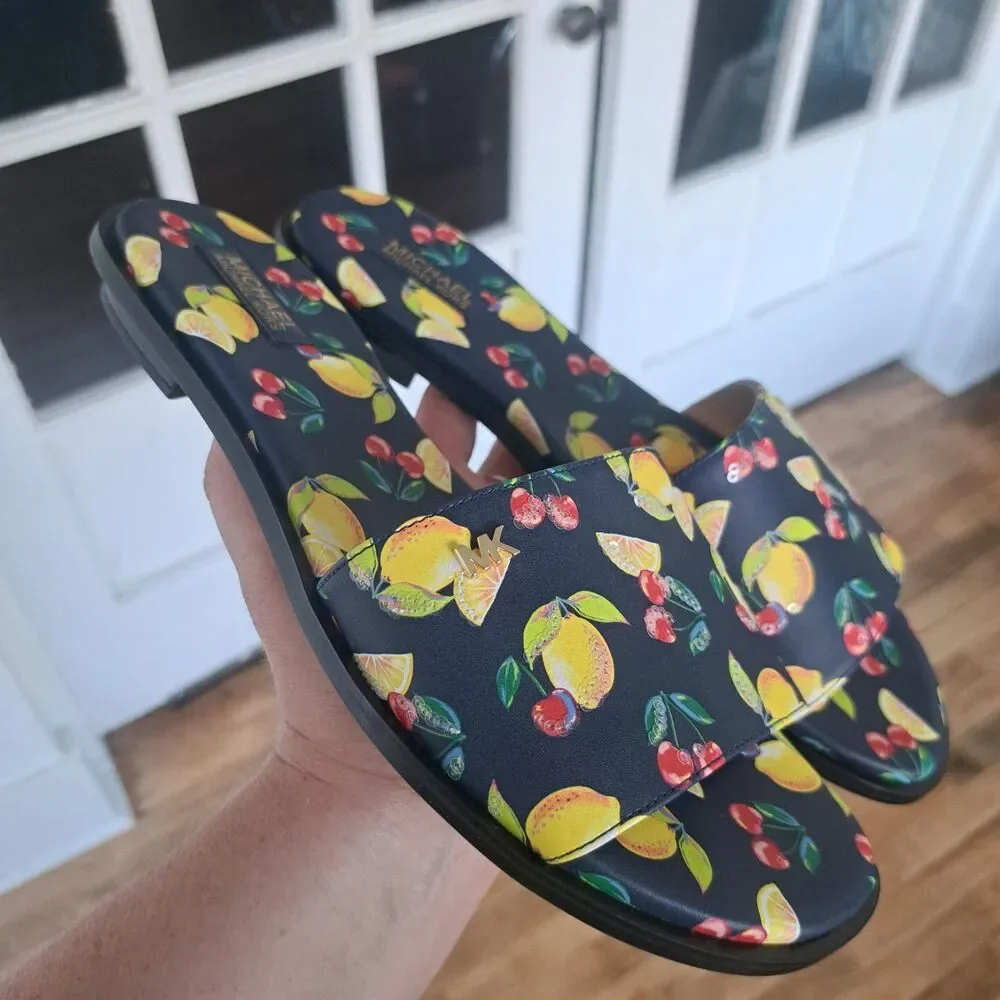 NEW Michael Kors Deanna Sequined Lemon Fruit Print Slide Sandals Black 9.5 Shoes